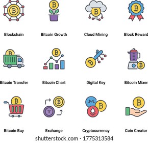 Set of Thin Color Line Stroke Vector Bitcoin and Cryptocurrency Icons. including altcoins, bitcoin wallet, calculator, encryption, decentralized, blockchain, mining, digital money. Mono line pictogram