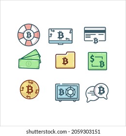 Set of thin Color Line Stroke Vector Bitcoin Icons. For Mining, Coin, or Gold Logo