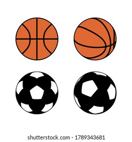 Set of thin contour lines icons basketball and soccer balls isolated on white background. Modern design minimalistic style black and white outline sign classic football basketball illustration balls