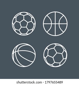 Set of thin contour lines icons basketball and soccer balls isolated on black background. Modern design minimalistic style black and white outline sign classic football basketball illustration balls