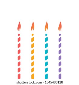 Set of thin decorative candle for cake. Decoration of children's holiday, birthday, anniversary, christmas, new year. Isolated colorful candles with candlelight and white stripes. Vector illustration.