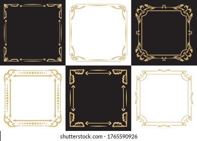 A set of thin decorative frames isolated on a black and white background. An elegant element of design with the place for the text. Production of invitations, menu, cafe and boutiques. Vector.
