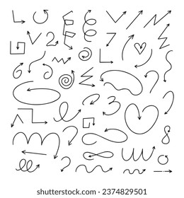 A set of thin Doodle arrow lines. Vector elements of a hand-drawn arrow isolated on white. Modern simple arrows.