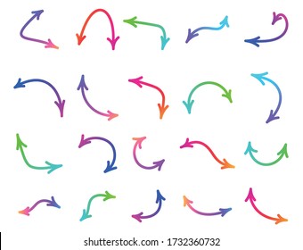 Set of thin double sided isolated multicolored arrows. Gradient arrows of different shapes on white background. Vector illustration.