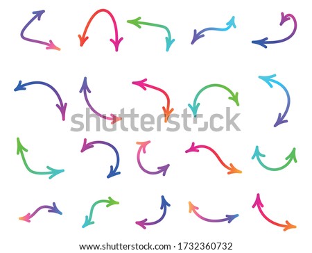 Set of thin double sided isolated multicolored arrows. Gradient arrows of different shapes on white background. Vector illustration.