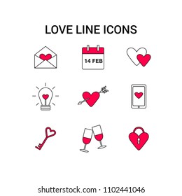 Set of thin flat linear icons about love and Valentine's day. Hearts, key; send love; lamp; idea; broken heart; fall in love; calendar; celebrate. Isolated on white.