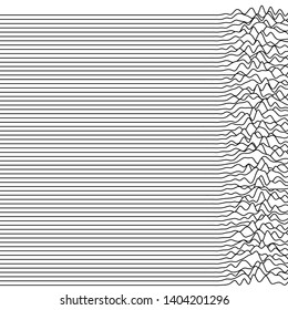 Set of thin horizontal wavy lines. Waveforms similar to vintage radio pulsar graphs. Vector pattern of fluid geometric linear waves. Black and white.
