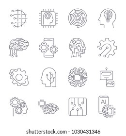 Set of thin icons related to artificial intelligence (AI) and data science mono line. Editable Stroke. EPS 10