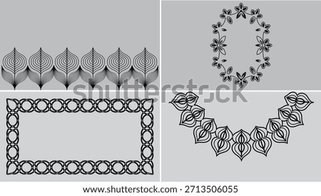 Set Of Thin Ink-Line Floral Border with Geometric Repeats
