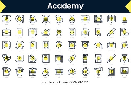 Set of thin line academy Icons. Line art icon with Yellow shadow. Vector illustration