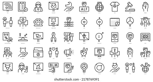 Juego de íconos de activismo de línea delgada. Ilustración del vector