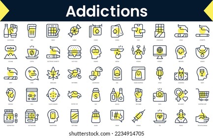 Set of thin line addictions Icons. Line art icon with Yellow shadow. Vector illustration