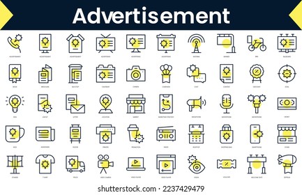 Conjunto de Iconos de publicidad en línea delgada. Icono de línea de arte con sombra amarilla. Ilustración del vector