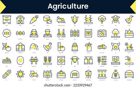 Set of thin line agriculture Icons. Line art icon with Yellow shadow. Vector illustration