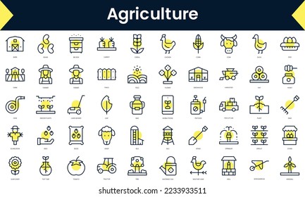 Set of thin line agriculture Icons. Line art icon with Yellow shadow. Vector illustration