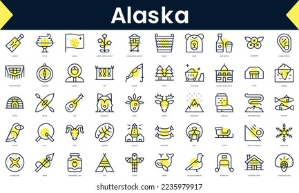 Set of thin line alaska Icons. Line art icon with Yellow shadow. Vector illustration