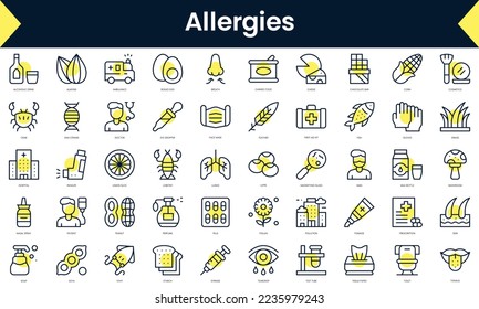 Conjunto de alergias de línea delgada Iconos. Icono de línea de arte con sombra amarilla. Ilustración del vector