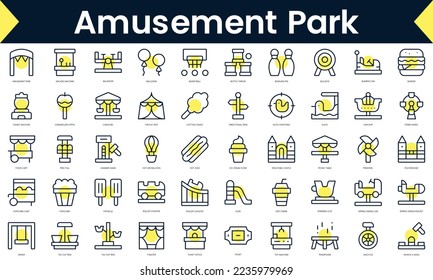 Set of thin line amusement park Icons. Line art icon with Yellow shadow. Vector illustration