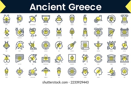 Set of thin line ancient greece Icons. Line art icon with Yellow shadow. Vector illustration