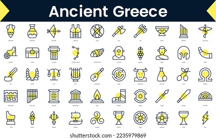 Set of thin line ancient greece Icons. Line art icon with Yellow shadow. Vector illustration