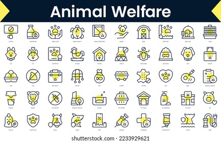Set of thin line animal welfare Icons. Line art icon with Yellow shadow. Vector illustration