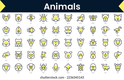 Conjunto de animales de línea delgada Iconos. Icono de línea de arte con sombra amarilla. Ilustración del vector