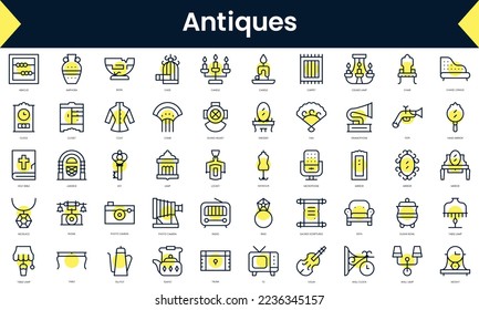 Set of thin line antiques Icons. Line art icon with Yellow shadow. Vector illustration