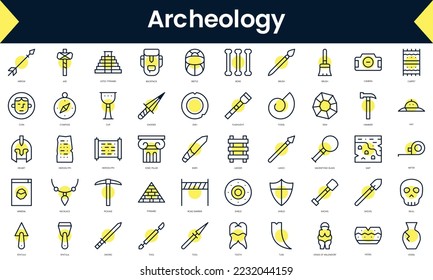 Set of thin line archeology Icons. Line art icon with Yellow shadow. Vector illustration