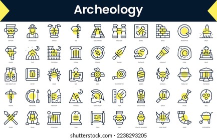 Set of thin line archeology Icons. Line art icon with Yellow shadow. Vector illustration