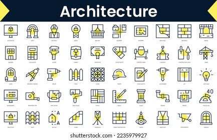 Set of thin line architecture Icons. Line art icon with Yellow shadow. Vector illustration