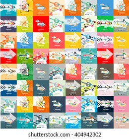 Set of thin line arrow geometric square banners with flat design buttons. Vector illustration