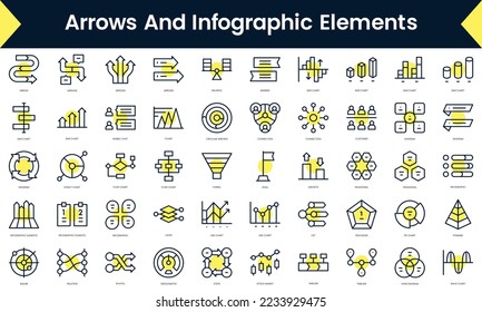 Set of thin line arrows and infographic elements Icons. Line art icon with Yellow shadow. Vector illustration
