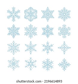 Set of thin line art snowflake icons. Trendy outline winter seasonal ornament for mobile apps, website design, greeting card. Collection blue Christmas holiday vector illustrations on white background