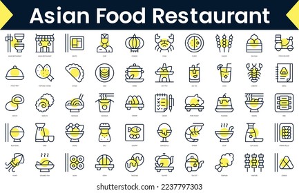 Set of thin line asian food restaurant Icons. Line art icon with Yellow shadow. Vector illustration