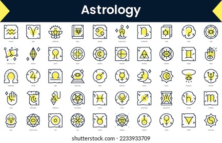 Set of thin line astrology Icons. Line art icon with Yellow shadow. Vector illustration