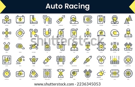 Set of thin line auto racing Icons. Line art icon with Yellow shadow. Vector illustration