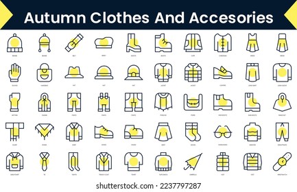 Set of thin line autumn clothes and accesories Icons. Line art icon with Yellow shadow. Vector illustration