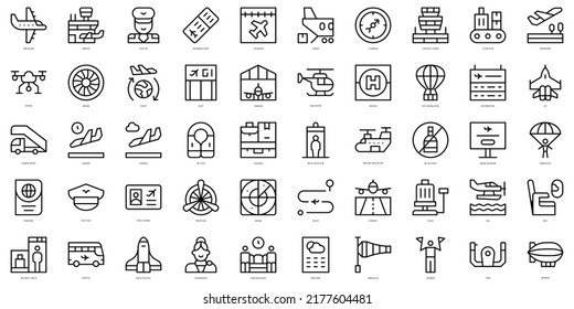 Set von Dünnliniensymbolen für die Luftfahrt. Vektorgrafik