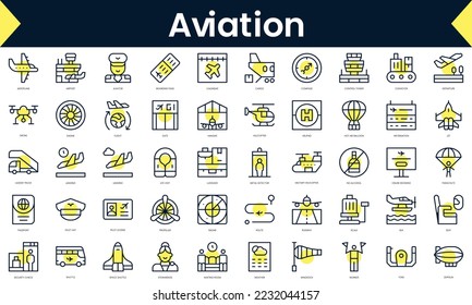 Set of thin line aviation Icons. Line art icon with Yellow shadow. Vector illustration