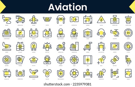 Conjunto de Iconos de aviación de línea delgada. Icono de línea de arte con sombra amarilla. Ilustración del vector