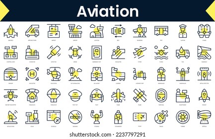 Conjunto de Iconos de aviación de línea delgada. Icono de línea de arte con sombra amarilla. Ilustración del vector