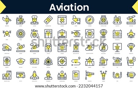 Set of thin line aviation Icons. Line art icon with Yellow shadow. Vector illustration