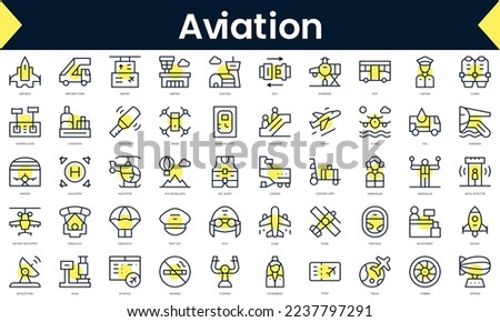 Set of thin line aviation Icons. Line art icon with Yellow shadow. Vector illustration