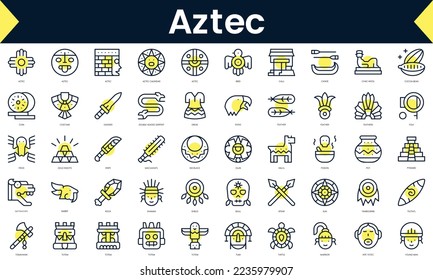 Set of thin line aztec Icons. Line art icon with Yellow shadow. Vector illustration