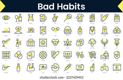 Set of thin line bad habits Icons. Line art icon with Yellow shadow. Vector illustration