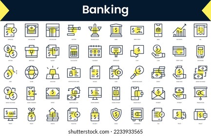 Juego de Iconos de banca en línea delgada. Icono de línea de arte con sombra amarilla. Ilustración del vector