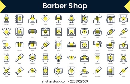 Set of thin line barber shop Icons. Line art icon with Yellow shadow. Vector illustration