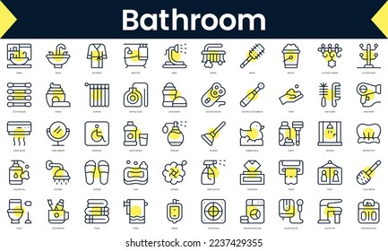 Set of thin line bathroom Icons. Line art icon with Yellow shadow. Vector illustration