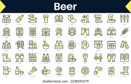 Set of thin line beer Icons. Line art icon with Yellow shadow. Vector illustration