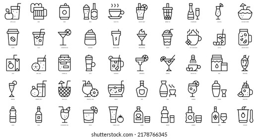 Conjunto de bebidas de línea delgada Iconos. Ilustración del vector